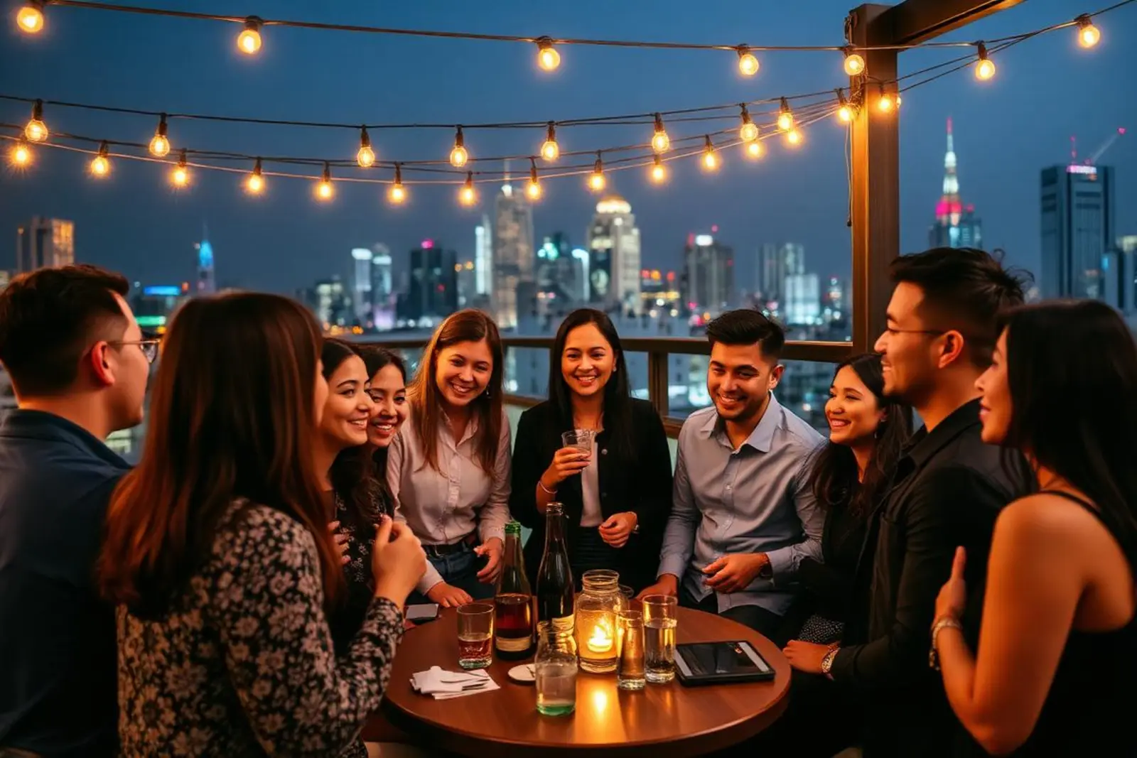 Members of a Bangkok community meetup talking over drinks